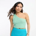 ASOS DESIGN Petite crochet one shoulder top in wave stitch in turquoise (part of a set)-Blue