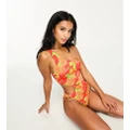 ASOS DESIGN Petite one shoulder cut out swimsuit in bright retro floral print-Multi