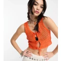 Reclaimed Vintage knitted open stitch crop singlet top with ties in summer orange