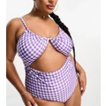 ASOS DESIGN Curve ruched cut out swimsuit in purple check print-Multi
