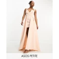 ASOS DESIGN Petite halter v neck premium maxi dress with exaggerated outer skirt in peach pink-Orange