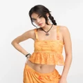Reclaimed Vintage frill hem top with broderie detail in washed orange (part of a set)-Multi