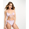 Daisy Street textured ruched halter bikini top in lilac with bow details-Purple