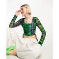 House of Holland mesh high neck cut out ruched side crop top in green and purple abstract snake print