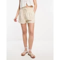 Pull & Bear paperbag waist shorts in sand-Neutral