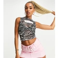 ASYOU mesh tank top with internet famous graphic in zebra print-Multi