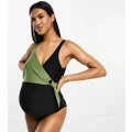 Mamalicious Maternity colourblock belted swimsuit in black and khaki-Multi