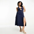 ASOS DESIGN halter bodycon midi dress with contrast stitching and hardware trim in navy