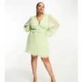 ASOS DESIGN Curve button through ruched waist pleated mini dress in metallic dobby in apple green