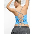 Noisy May square neck lace up back top in blue