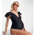 ASOS DESIGN Maternity knot front flutter sleeve swimsuit in black