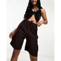 Pull & Bear longline cargo linen shorts in brown-Black