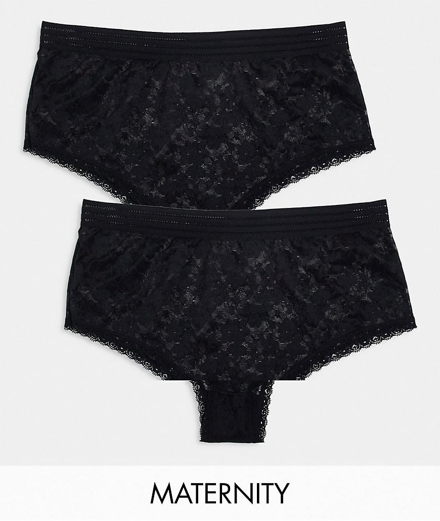 Mamalicious Maternity 2 pack high waisted lace brazilian briefs in black