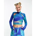 House of Holland high neck cut out mesh crop top in blue abstract print