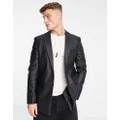 Topman boxy slim two button faux leather blazer in black
