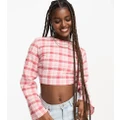 JDY exclusive open back textured top in pink check-Multi