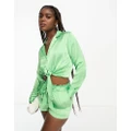 JDY tie front cropped satin shirt in green (part of a set)
