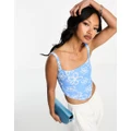 Glamorous structured corset crop top in blue scribble floral