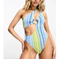 Reclaimed Vintage ring cut out swimsuit in retro stripe-Multi