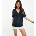 Mamalicious Maternity wrap top with short sleeves in navy