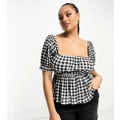 ASOS DESIGN Curve puff sleeve textured smock blouse in gingham-Multi