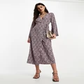 Glamorous midi wrap dress with fluted sleeves in brown purple floral