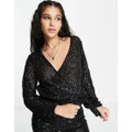 Pieces sequin balloon sleeve wrap top in black (part of a set)