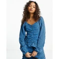Pieces frill detail top in blue and black check-Multi