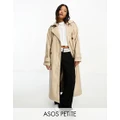 ASOS DESIGN Petite faux leather trench coat in stone-Neutral
