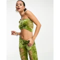 The Ragged Priest slashed velvet one shoulder chain crop top (part of a set)-Green