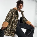 Miss Selfridge leopard duffle swing coat with faux fur hood-Multi