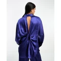 Y.A.S satin shirt with open twist back and piping detail in blue (part of a set)