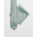 ASOS DESIGN satin slim tie and pocket square in sage green