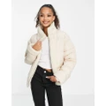 Wednesday's Girl boxy high neck puffer jacket in cream with contrast sherpa panels-White