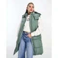 Pull & Bear longline padded vest with hood in khaki-Green