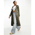 Pull & Bear belted faux leather trench coat in khaki-Green