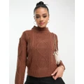 Brave Soul Landale cable knit jumper with button detail in brown