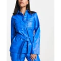 Pieces tie waist faux leather shirt in royal blue (part of a set)