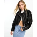 Pull & Bear oversized fit faux leather vintage wash biker jacket in black