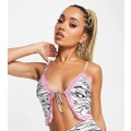 ASYOU pink lace trim split front cami top in zebra print (part of a set)-Multi