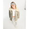 Monki distressed faux leather and shearling aviator jacket-Brown