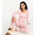 ASOS DESIGN Petite Christmas fair isle glam long sleeve top & leggings pyjama set in pink