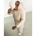 adidas Originals 3 stripe hooded long puffer jacket in beige-Neutral