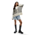 Object button through knitted cardigan in beige with black stripe-Neutral