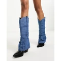Daisy Street ruched western knee boots in black and denim-Blue