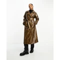 Monki faux leather oversized belted trench coat in brown snake