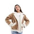 Hollister faux suede aviator jacket in brown with sherpa lining-Neutral