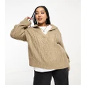 Brave Soul Plus polo collar cable knit jumper in mushroom-Grey