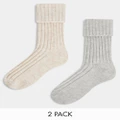 ASOS DESIGN 2 pack wool mix calf length lounge socks in neutral tones-Multi