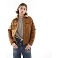 Pull & Bear faux suede trucker shearling jacket in brown